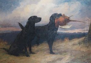 Portrait Of The Black Labrador Peter Of Faskally Holding A Cock Pheasant, With His Mate Dungavel Jet In A Landscape by Maud Earl