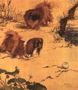 A Red And Tri-colour Pekingese With Lotus Flowers In A River Landscape