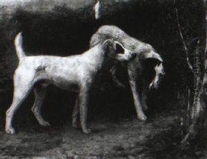 Pair Of Smooth Fox Terriers In An Autumn Landscape by Maud Earl