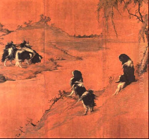 Four Pekinese Dogs In An Oriental River Landscape - view 1