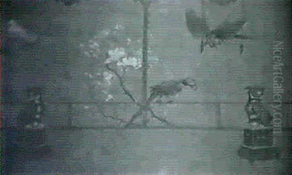 Tropical Birds Set Among Iris   Apples       Blossoms - view 1