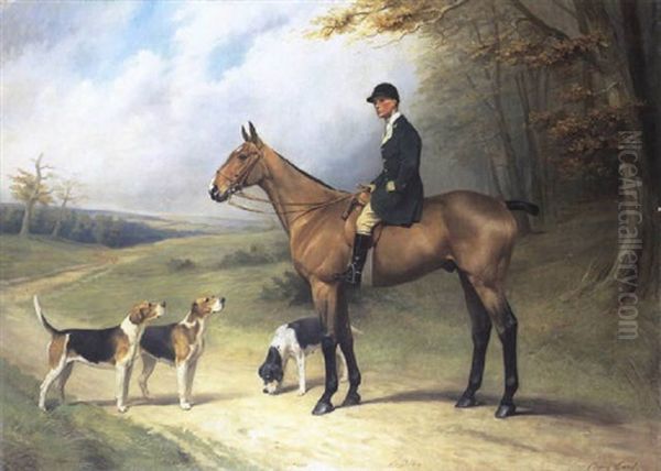 Portrait Of Frank Greswold Williams, Esq. Of Bredenbury Court, Bromyard On A Bay Hunter In A Landscape Accompanied By Hounds - view 1