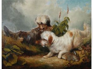 Two Skye Terriers With A Hare, In Undergrowth