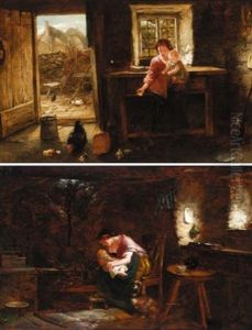 Feeding The Chickens (+ Warming By The Fire; Pair) by Thomas William Earl