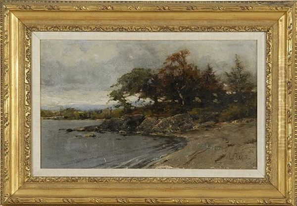 Lakeshore Landscape With Rocks, Trees, And Distant Hills - view 1