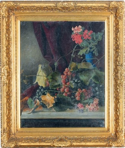 A Still Life With Grapes And Geraniums On A Marble Ledge - view 1