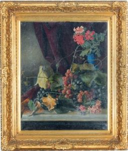 A Still Life With Grapes And Geraniums On A Marble Ledge