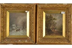 Cattle On A Country Lane/horses On A Snowy Lane (a Pair) by Henry Earp