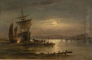 Moonlit Harbor Scene With Suspension Bridge To The Rear