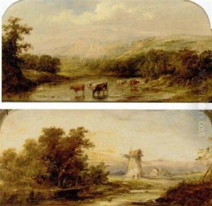 Cows Watering In A River Landscape Cows Watering In A River Landscape