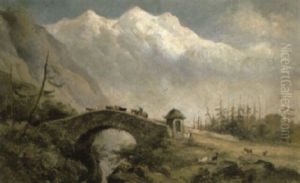 Cattle Crossing A Bridge In An Alpine Landscape by Henry Earp