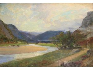 A Gleam Of Sunlight Amidst Scottish Hills by Sir Alfred East