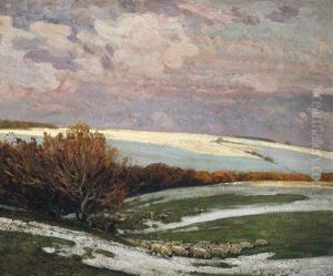 Sheep In A Landscape, Winter by Sir Alfred East