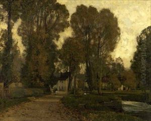 Landscape With Village Beside A Stream by Sir Alfred East