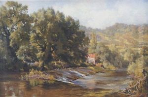 River Landscape With Watermill Beyond by Sir Alfred East
