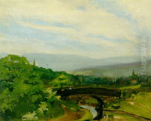 An Extensive Country Landscape With A Figure On A Bridge In The Foreground - view 1