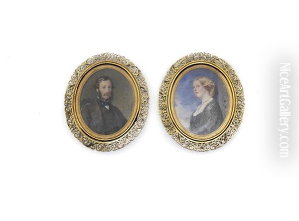 Two Portrait Miniatures Of Lord And Lady Harlech: He Seated, Wearing A Brown Coat And Waistcoat; She Standing, Wearing A Black Dress And Lace Veil - view 1
