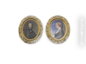 Two Portrait Miniatures Of Lord And Lady Harlech: He Seated, Wearing A Brown Coat And Waistcoat; She Standing, Wearing A Black Dress And Lace Veil
