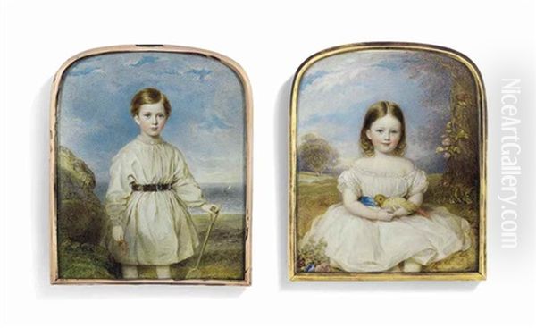 George Charles Herbert, Later 4th Earl Of Powis (1862-1952) As A Child, Holding A Spade And Crab In A Coastal Landscape; Together With A Portrait Of His Sister Magdalen Lucy Herbert (1864-1957), Seated In A Landscape With A Bird - view 1