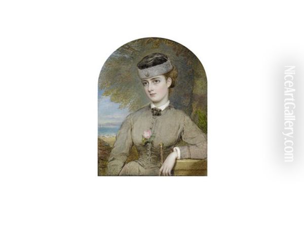 Bessie Florence Floss Scarlett Nee Gibson (1851-1934), Standing Before A Sandy Beach And Wearing Fawn Dress Over White Chemise And Brown Ribbon Tie, A Pink Rose At Her Corsage - view 1