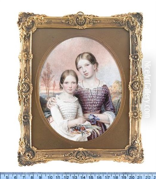 The Misses Alice And Minney Squarey Of Salisbury: The Former, Wearing Mauve Dress And Sash, White Under-dress, Jet Necklace, Her Arm Around Her Younger Sister; The Latter, Wearing White Dress With Lace Trim And Cuffs - view 1