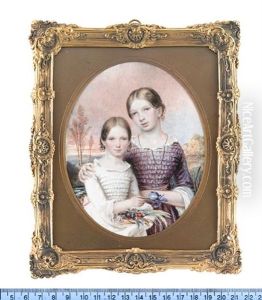 The Misses Alice And Minney Squarey Of Salisbury: The Former, Wearing Mauve Dress And Sash, White Under-dress, Jet Necklace, Her Arm Around Her Younger Sister; The Latter, Wearing White Dress With Lace Trim And Cuffs by Reginald Easton