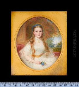 Isabella St. John Callander, Seated On A Red Upholstered Chaise Longue, Wearing White Dress With Gauze Sleeves And Gold Belt by Reginald Easton