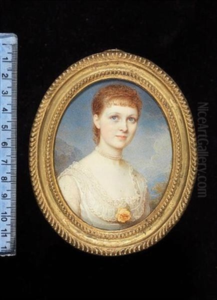A Lady, Wearing White Dress With Lace-trimmed Collar, Yellow Rose At Her Breast, Multi-strand Pearl Necklace, Her Hair Upswept, Against A Landscape Background - view 1