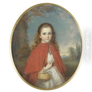 Portrait Of A Young Girl In A Red Cape, Holding A Basket With Flowers On Her Arm