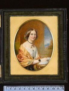 Margaret Child, Seated At A Table Beside An Open Window, Wearing Brown Dress With Large White Lace Collar Held With A Brooch