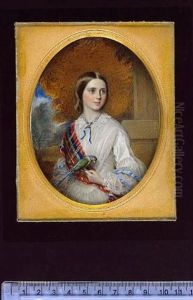 A Young Lady Wearing White Dress With Lace Collar, Blue Ribbon With Jewelled Slide At Her Throat, Pale Blue Ribbons Across Her Puffed Sleeves And Tartan Sash, She Holds A Parrot