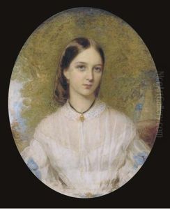 A Young Lady, Seated In White Dress With Lace Collar, Blue Ribbons At Her Elbows, Dark Hair, Wearing A Gold Necklace Suspended From A Black Ribbon; Landscape Background