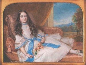 Edith Montgomery, As A Young Girl, Wearing White Dress With Blue Ribbon Trim And Bow, Holds A Posy Of Roses And Other Flowers In Her Lap, Open Window With Landscape Beyond