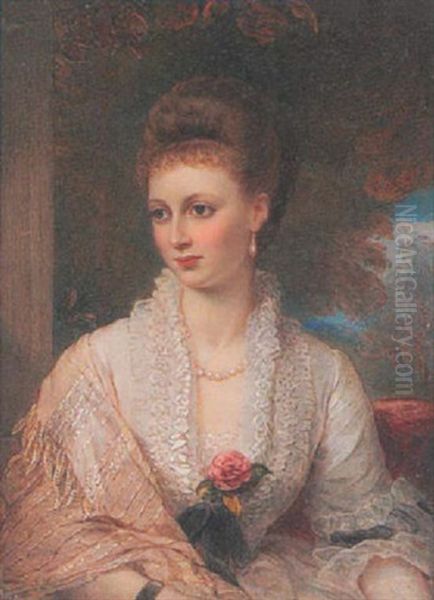 A Lady Wearing Decollete White Dress With Frilled Collar, Silk Tasselled Shawl, Pearl Necklace And Drop Pearl Earring, Her Hair Upswept In A Plait - view 1