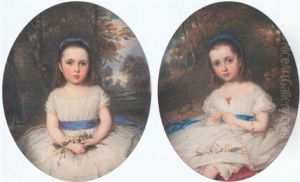 Portrait Of Louisa Isabel Seawell, Aged 4, Wearing White Dress With Lilac Ribbon Waistband And Matching Hairband, And White Flowers In Her Lap by Reginald Easton
