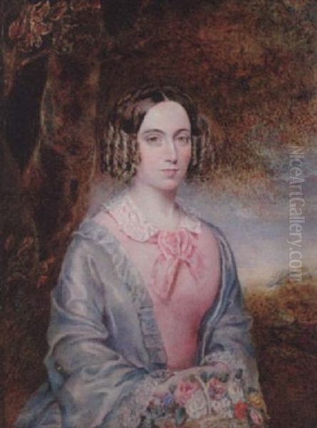 A Lady In A Woodland Setting, Wearing A Pink Dress With White Lace Collar And Pale Blue Coat, She Holds A Basket Of Flowers - view 1