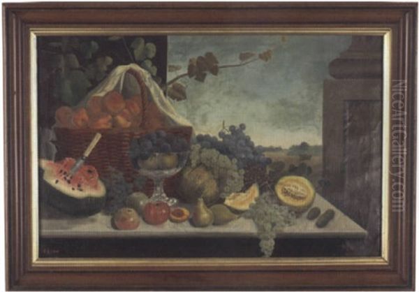 Still Life Of Table Laden With Fruit, Basket And Compote With Landscape Background - view 1