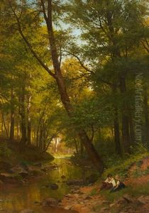 Forest Landscape With Children Playing By A S by Fritz Ebel