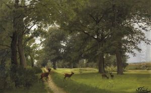 Vier Rehe Am Waldrand by Fritz Ebel