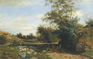 Landschaft Mit Gansemagd Und Kindern Auf Einem Waldweg