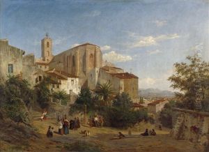 Iitalienisches Bergdorf Mit Landvolk by Fritz Carl Werner Ebel