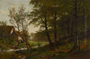 Waldlandschaft Mit Bachlauf Und Bauernhaus by Fritz Carl Werner Ebel