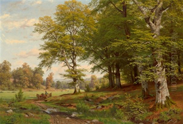 Bewaldete Landschaft Mit Einem Pferdefuhrwerk - view 1