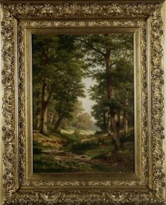 Sprung Rehe Auf Sonnendurchfluteter Waldlichtug Mit Bachlauf by Fritz Carl Werner Ebel