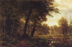 Lichte Waldlandschaften Mit Rehen Im Mittelgrund by Fritz Carl Werner Ebel