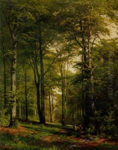 Birkenwald Mit Kleinen Pilzsammlerinnen