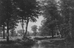 Bewaldete Landschaft Mit Bachlauf Und Bauernhaus by Fritz Carl Werner Ebel
