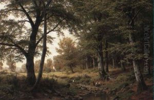 Children Playing By A Woodland Stream by Fritz Carl Werner Ebel