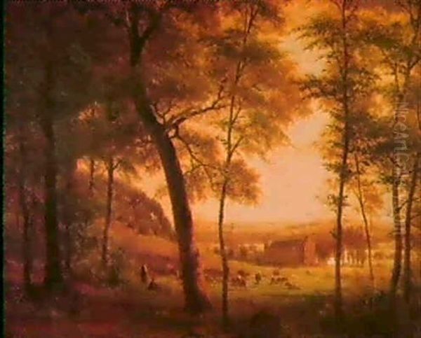 An Extensive Wooded Landscape With Cattle And Drovers Beforea Farmstead, A Village Beyond - view 1