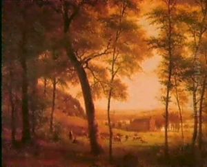 An Extensive Wooded Landscape With Cattle And Drovers Beforea Farmstead, A Village Beyond